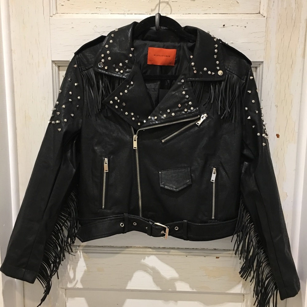 NWT • black faux leather studded/fringe jacket • - Picture 2 of 8